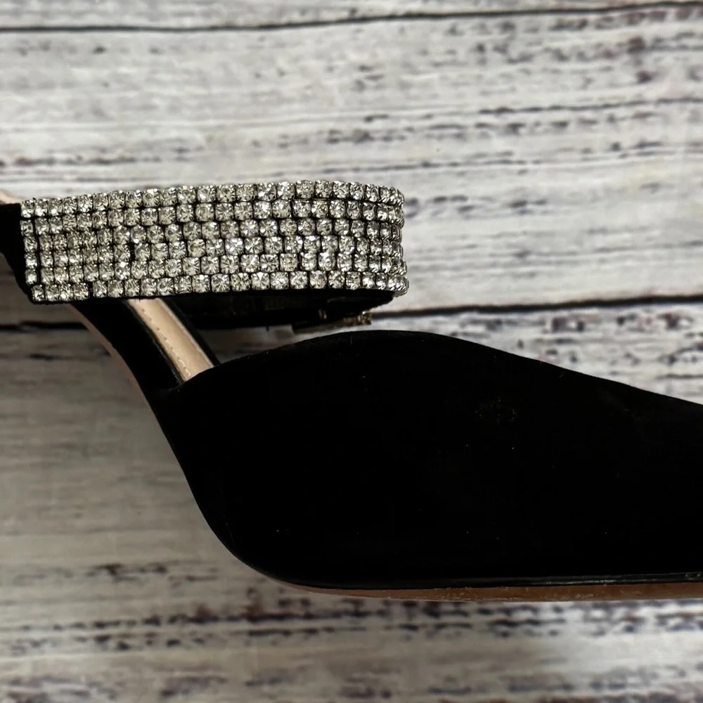 Schutz Tishara Rhinestone Buckle Mule Heels Black Suede Pointed Toe Size 7.5 - Picture 5 of 7